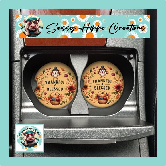 Car Coasters Thankful and Blessed Turkey Thanksgiving Pumpkin Set of 2 Neoprene - Picture 1 of 5